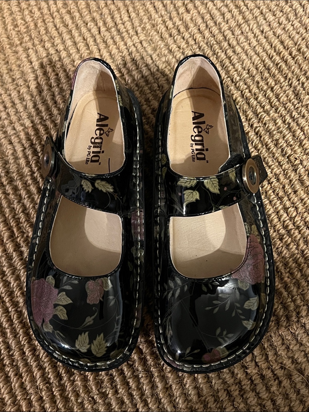 Alegria Black Patent Floral Mary Janes Size 38